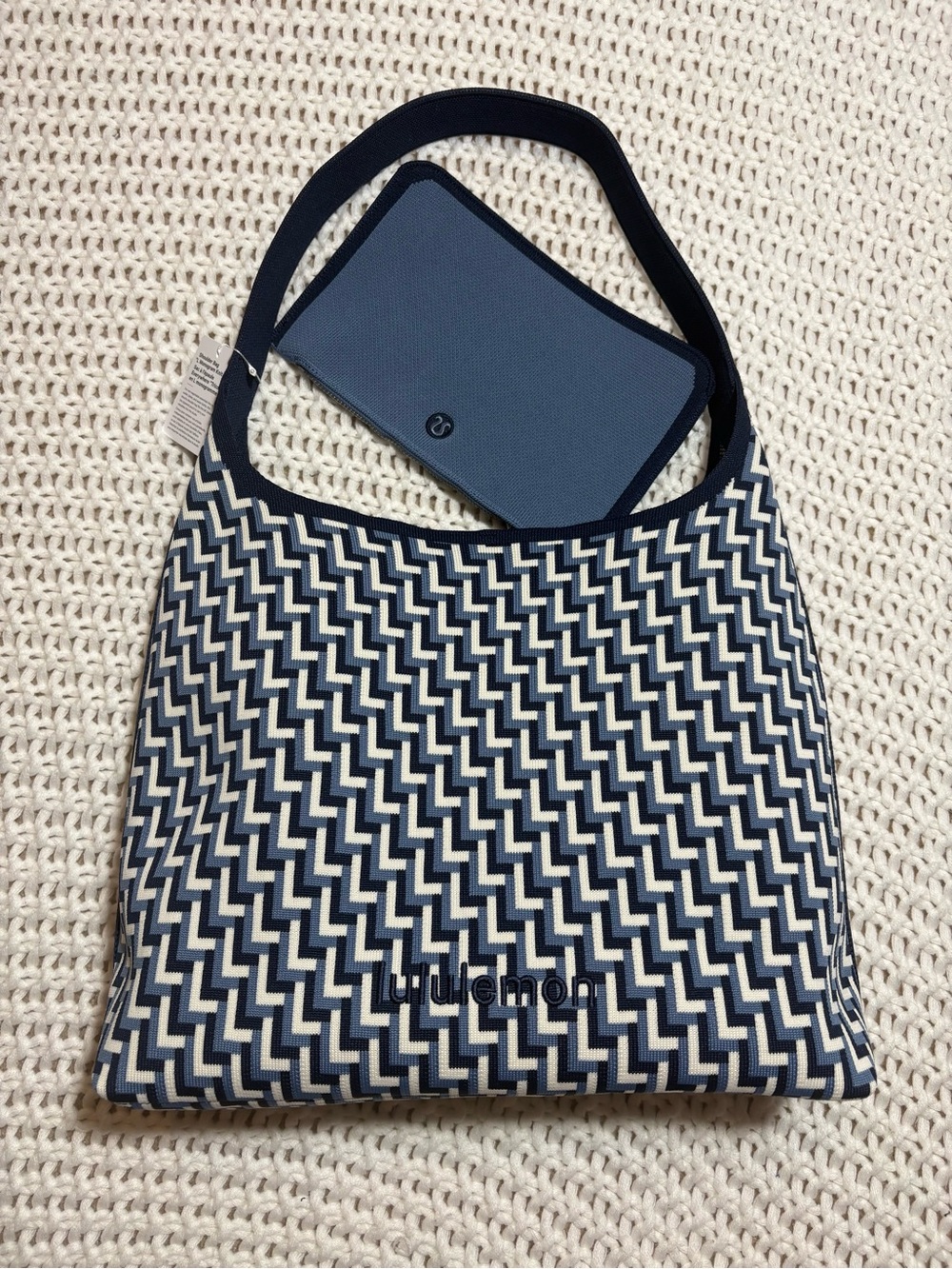 NWT lululemon shoulder bag L monogram knit in club blue/washed denim/light ivory